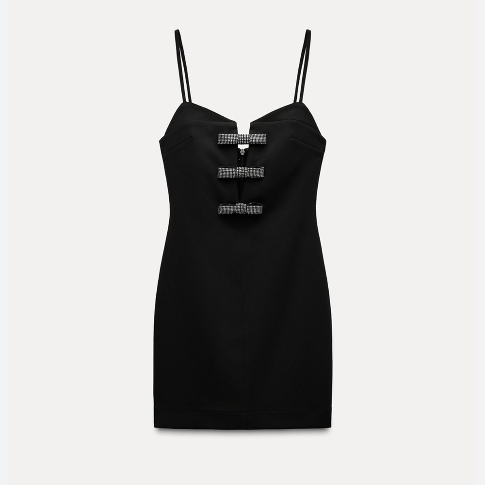 Zara Black mini Dress with rhinestone Bow Accents size m medium